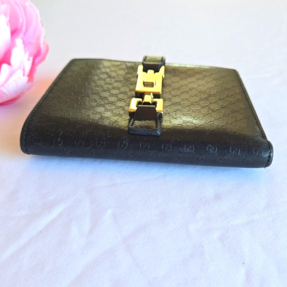 Vintage GUCCI Jackie Bi Fold Wallet Leather Metal Square Buckle Gold Hardware - Picture 2 of 14